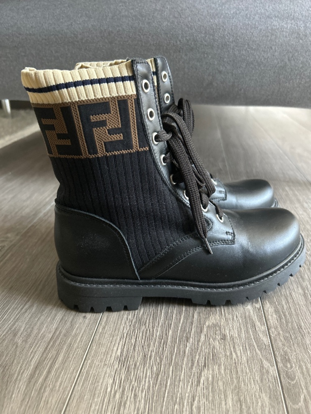 Fendi Leather & Knit Combat Boot